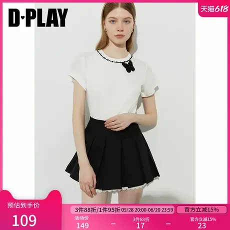 DPLAY2025年夏季新款钻领白色t恤女立体蝴蝶圆领短袖上衣宽松版图片