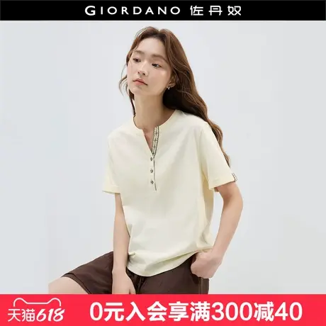 设计师款佐丹奴短袖T恤女夏季文艺风纯棉半开襟V领上衣女18325807图片