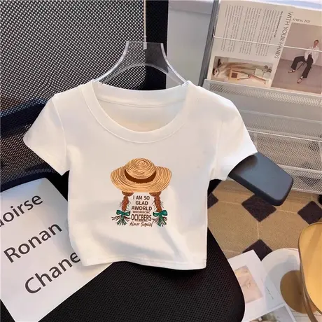 新款白色正肩短款短袖t恤女2025夏季爆款高腰修身小衫百搭显瘦ins商品大图