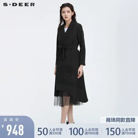 sdeer圣迪奥22春夏新品西装领双排扣收腰通勤中长款风衣S22181806图片