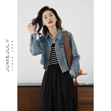 嘉茱莉春季新款短牛仔外套女小个子短款牛仔上衣复古休闲短外套商品大图