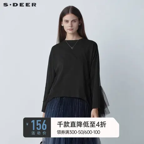 sdeer圣迪奥女秋冬圆领抽褶网纱拼接宽松黑色T恤S221Z0201图片