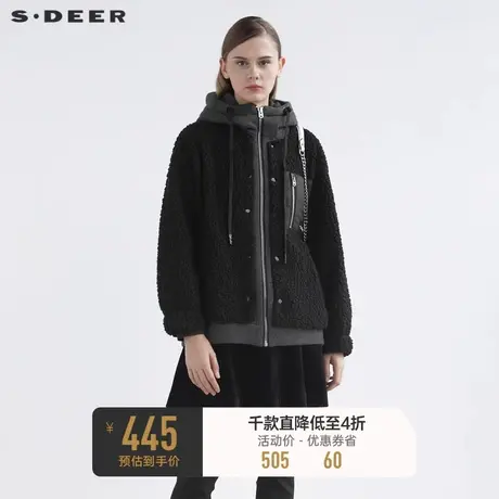 sdeer圣迪奥女装连帽字母织带仿羊羔绒拼接短款外套S21482214图片
