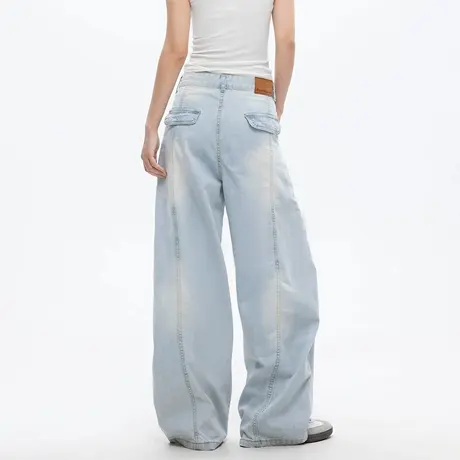美式复古水洗直筒阔腿牛仔裤男女2025夏季新款宽松褶皱弯刀长裤图片