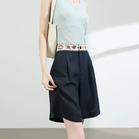 莱赛尔天丝亚麻刺绣短裤女夏季薄款热裤宽松休闲高腰阔腿五分中裤图片