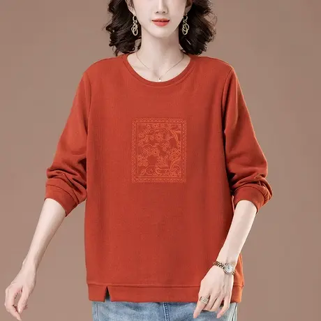 妈妈薄款卫衣春秋冬宽松加肥加大码女装中老年人圆领遮肚长袖上衣商品大图