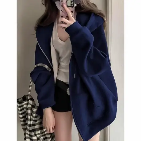 连帽卫衣女2025新款春秋季上衣小个子韩系慵懒风薄款开衫拉链外套商品大图