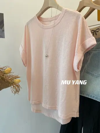 推荐入！极简慵懒卷袖前短后长棉麻短袖T恤女宽松后贝壳扣上衣夏图片