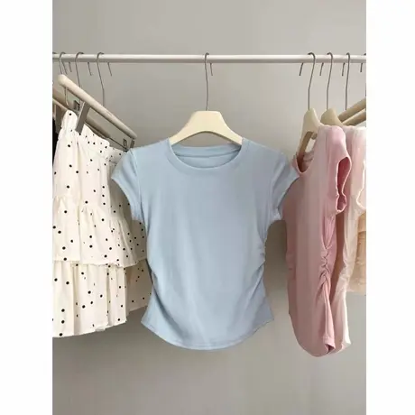 chic甜辣抽褶收腰短袖T恤女夏季韩版修身显瘦短款打底小衫上衣潮商品大图