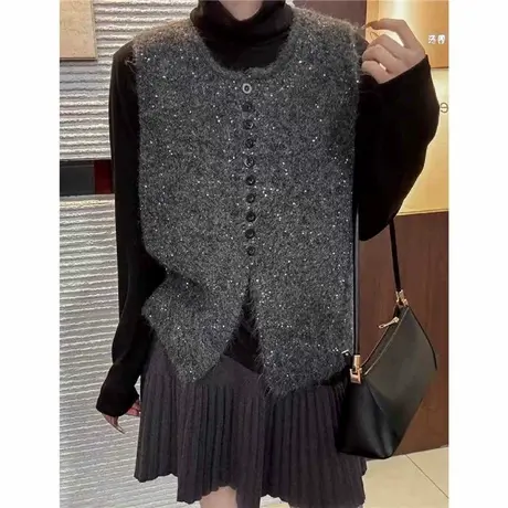 2025春装新款时尚亮片圆领单排扣针织马甲女无袖背心坎肩外套女商品大图