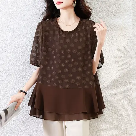 雪纺衫女短袖夏季新款加大码女装宽松中老年妈妈遮肚显瘦小衫上衣商品大图