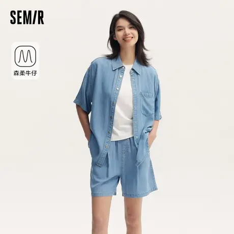 [森柔牛仔]森马牛仔衬衫女中长款落肩宽松2024夏新款短袖衬衣慵懒图片