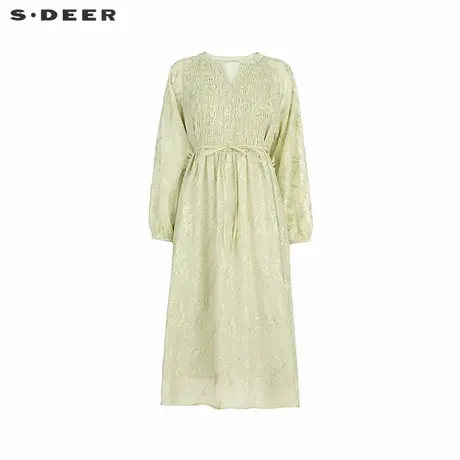 sdeer圣迪奥女装25年新品度假风圆领绣花收腰长袖连衣裙S252Z1289商品大图