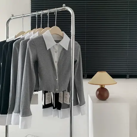 黑白撞色短款衬衫假两件针织开衫长袖修身上衣女春秋图片