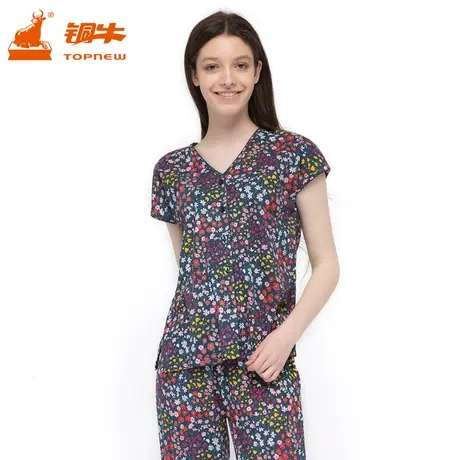 Topnew/铜牛女士短袖中老年睡衣背心纯棉开襟家居服上衣女夏VB008图片