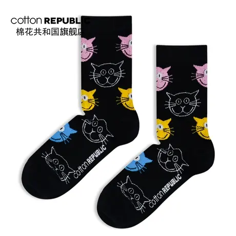 Cotton Republic/棉花共和国女士中筒袜可爱猫头提花袜森系学院风商品大图