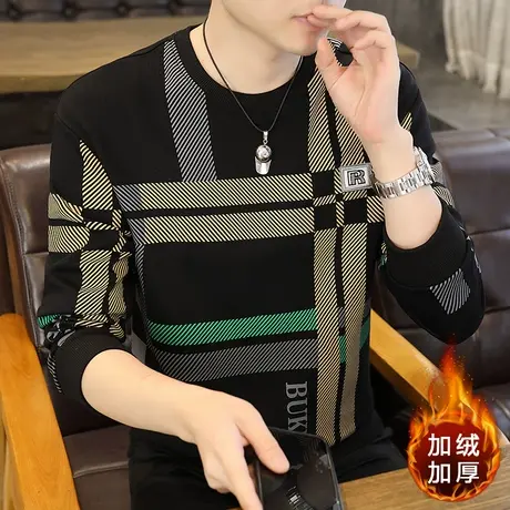 2025秋冬新款男士长袖T恤衫潮流加肥加大男装卫衣加绒加厚打底衫图片