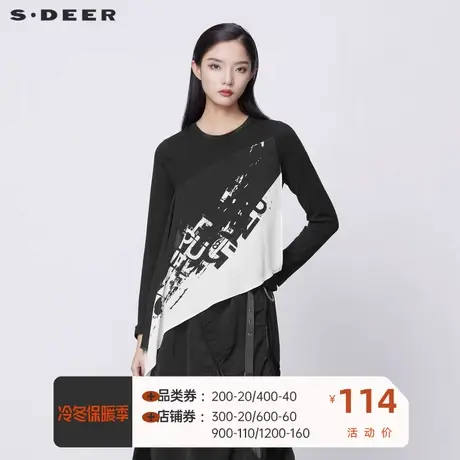 sdeer圣迪奥女装时尚圆领字母印花不规则长袖T恤S21380219⤵商品大图