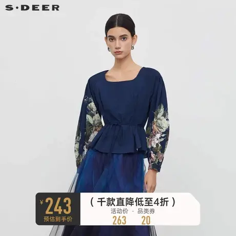 sdeer圣迪奥女装复古方领印花收腰压褶衬衫S233Z0520🧦商品大图