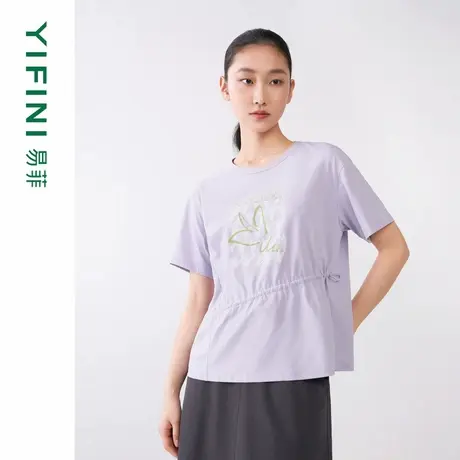 [专柜同款]Yifini/易菲设计感斜抽绳宽松短款时尚T恤女春秋新图片