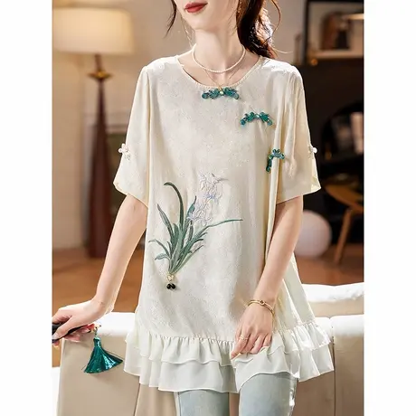 宝诗黎中长款新中式提花短袖雪纺衫2025夏季气质刺绣盘扣国风小衫商品大图