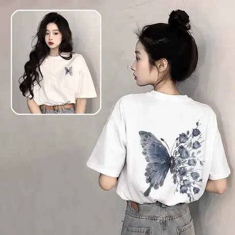 爆款蝴蝶纯棉短袖t恤女2025新款白色夏季宽松大码设计感半袖上衣商品大图