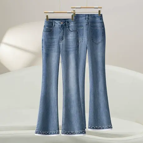 2025夏季新款气质蕾丝边牛仔微喇裤女高腰显瘦时尚通勤喇叭长裤子商品大图