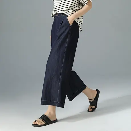 丹宁蓝八分阔腿牛仔裤女夏季薄款2025新款小个子九分裤宽松直筒裤商品大图