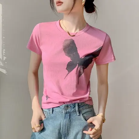 雪花棉短袖T恤女2024春夏新款圆领宽松休闲显瘦蝴蝶印花上衣薄款图片