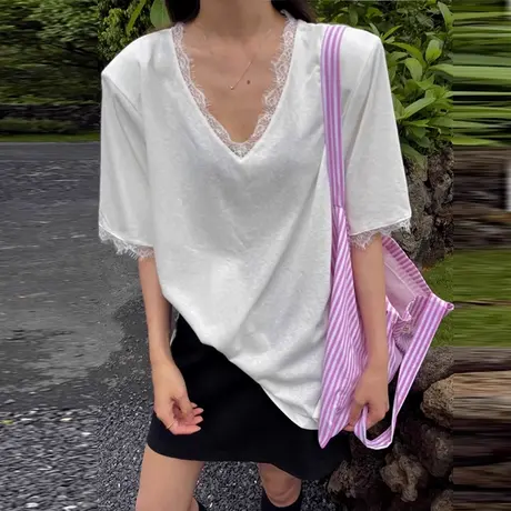chic甜辣蕾丝花边短袖T恤女夏季韩版宽松内搭打底衫V领正肩上衣潮商品大图