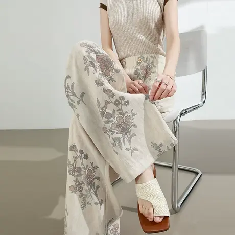 新中式印花棉麻阔腿裤女夏季薄款宽松休闲垂感复古亚麻直筒拖地裤图片
