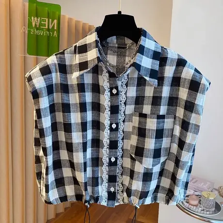 韩系格子无袖衬衫女夏2025新款宽松休闲蕾丝花边拼接短款小衫上衣图片