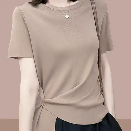 冰丝针织正肩短袖t恤女夏季设计感小众宽松显瘦特别漂亮掐腰上衣商品大图