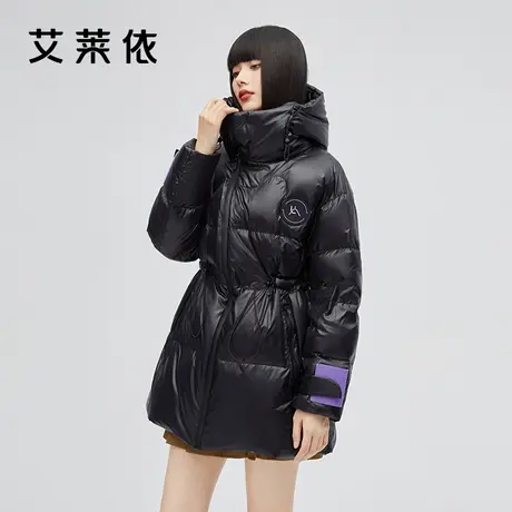 艾莱依2022冬季新款黑色亮面羽绒服女时尚设计感收腰连帽保暖外套商品大图