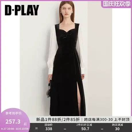 DPLAY2023冬法式宫廷领黑拼白鎏光纱侧开衩小黑裙礼服丝绒连衣裙商品大图