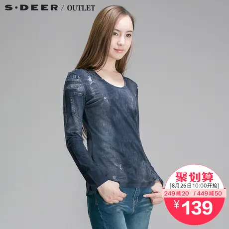 sdeer圣迪奥女装2017秋装牛仔花纹印染休闲T恤S15180241图片