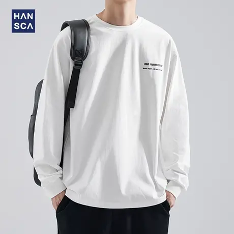 hansca 精梳棉长袖t恤男日系260g重磅纯棉圆领宽松休闲印花打底衫商品大图