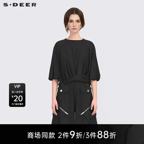 【商场同款】sdeer圣迪奥女时尚圆领垂坠宽松喇叭袖T恤S25280111图片