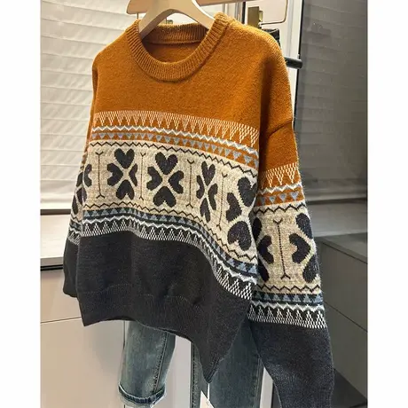 洋气复古拼色毛衣女圆领套头长袖女装针织衫上衣潮商品大图