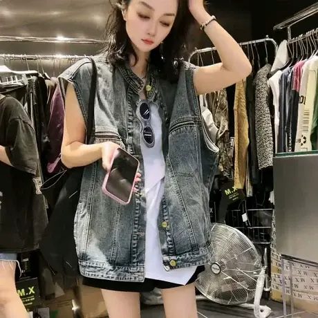 欧货大版时尚叠穿无袖牛仔马甲外套女2025秋新款宽松休闲背心马夹商品大图