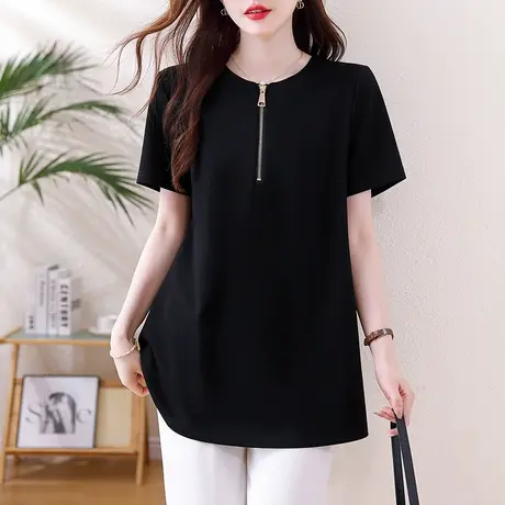 短袖t恤女夏季新款加大码女装宽松中长款雪纺拼接遮肚子显瘦体恤图片