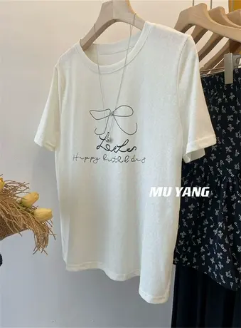 夏日/2024 蝴蝶结爱心铁片韩系短袖T恤女夏季舒适轻薄百搭上衣ins商品大图