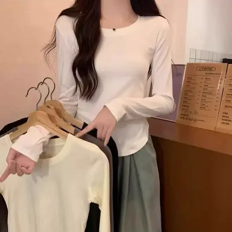 2024年冬小众方领德绒打底衫女秋冬内搭加绒短款T恤修身保暖上衣图片