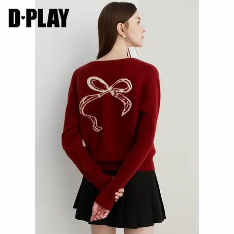 DPLAY冬季红色毛衣100羊毛衫针织衫蝴蝶结针织开衫上衣女商品大图