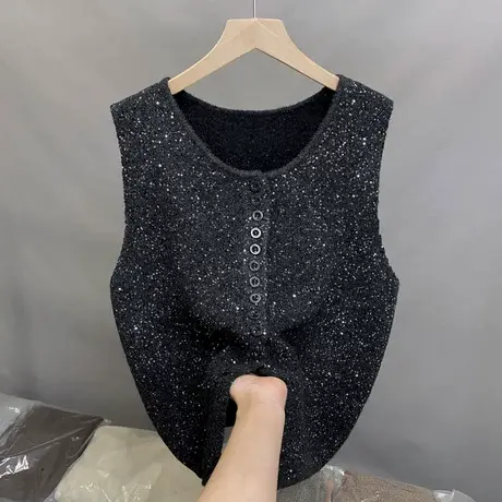 2025春装新款时尚亮片圆领单排扣针织马甲女无袖背心坎肩外套女商品大图