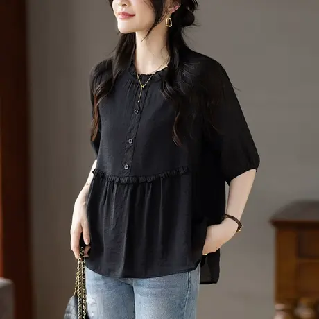 衬衫女短袖夏季新款加大码女装宽松中年妈妈遮肚显瘦百搭休闲衬衣图片