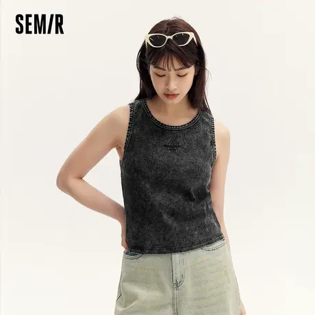 森马背心女短款紧身做旧复古潮酷2024新款夏黑色刺绣上衣甜酷辣妹商品大图