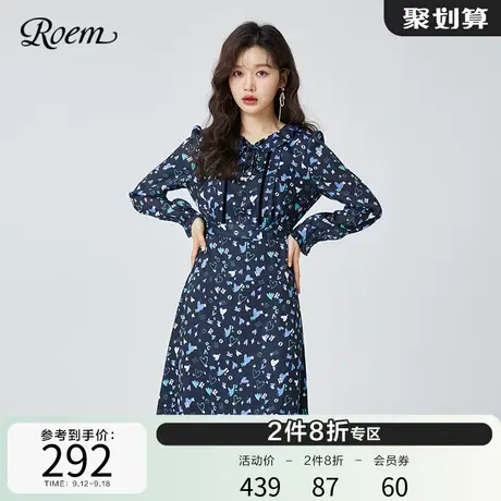 Roem扑克系列春秋商场同款新品时尚韩式碎花雪纺淑女中长连衣裙女图片