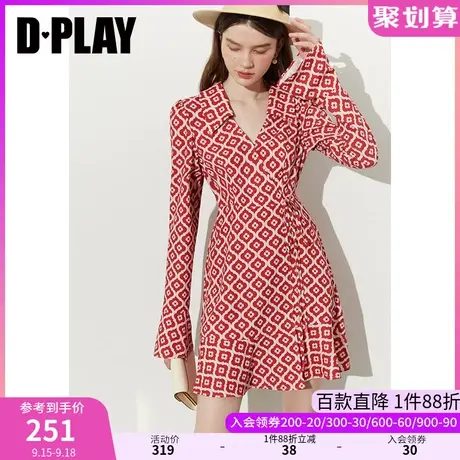 DPLAY2023秋装法式复古老花衬衫领连衣裙一片式喇叭袖度假沙滩裙商品大图