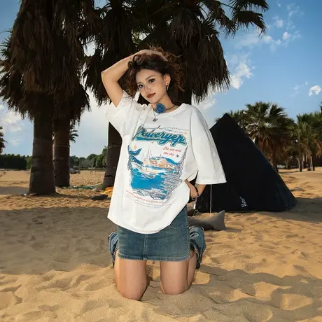 YEP复古白色印花t恤女2025新款夏季潮牌纯棉短袖上衣宽松百搭半袖图片